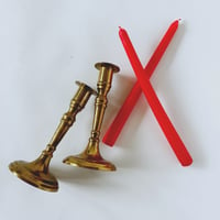 Image 2 of Brass Candlesticks & Red Tapers Set