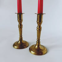 Image 3 of Brass Candlesticks & Red Tapers Set