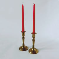 Image 1 of Brass Candlesticks & Red Tapers Set