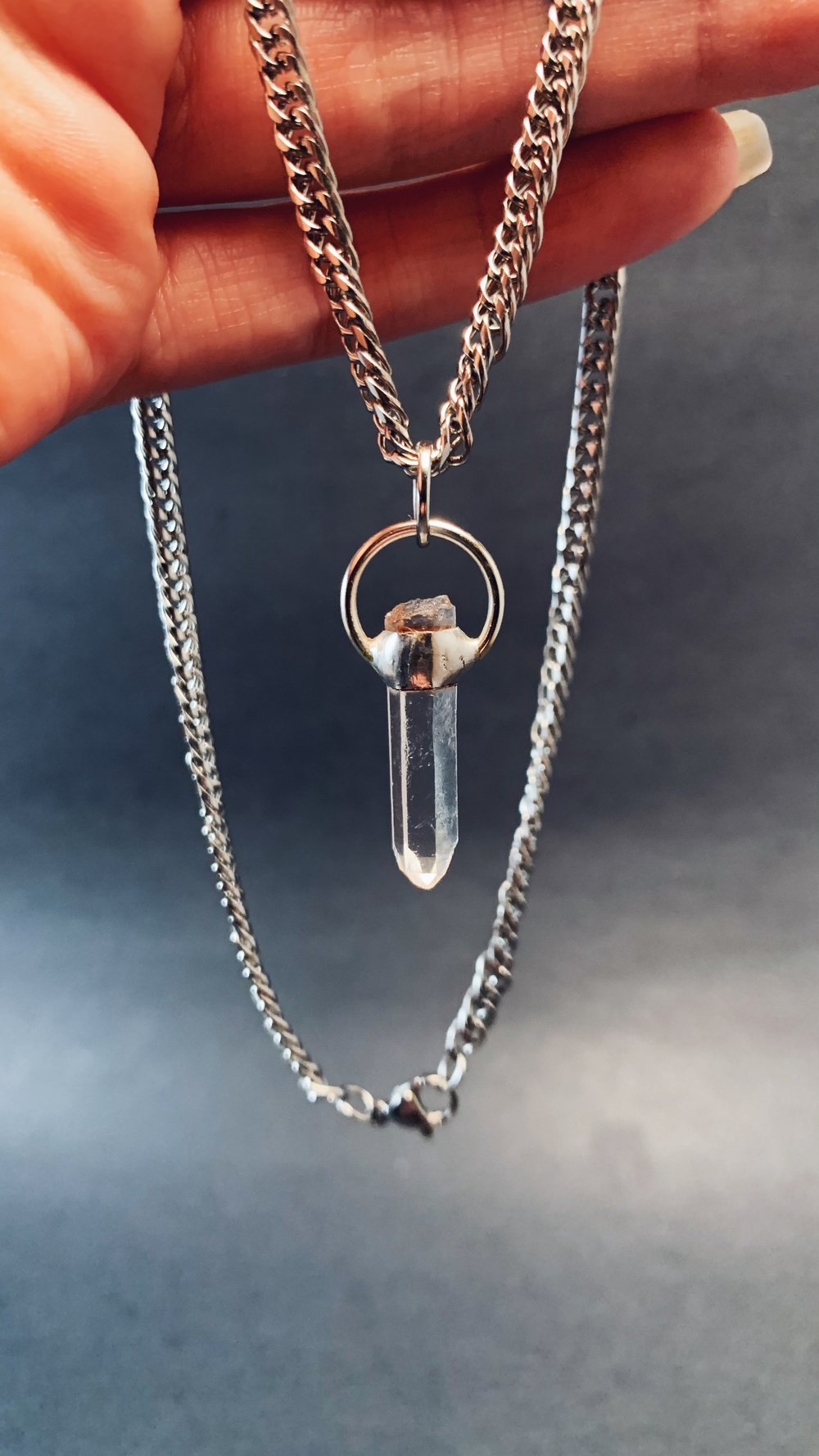 Image of Columbian Clear Quartz Flat Silver Chain Necklace