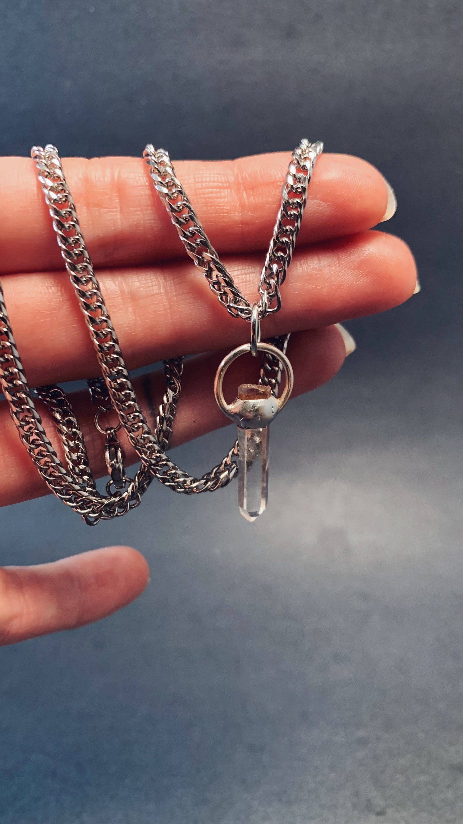 Image of Columbian Clear Quartz Flat Silver Chain Necklace