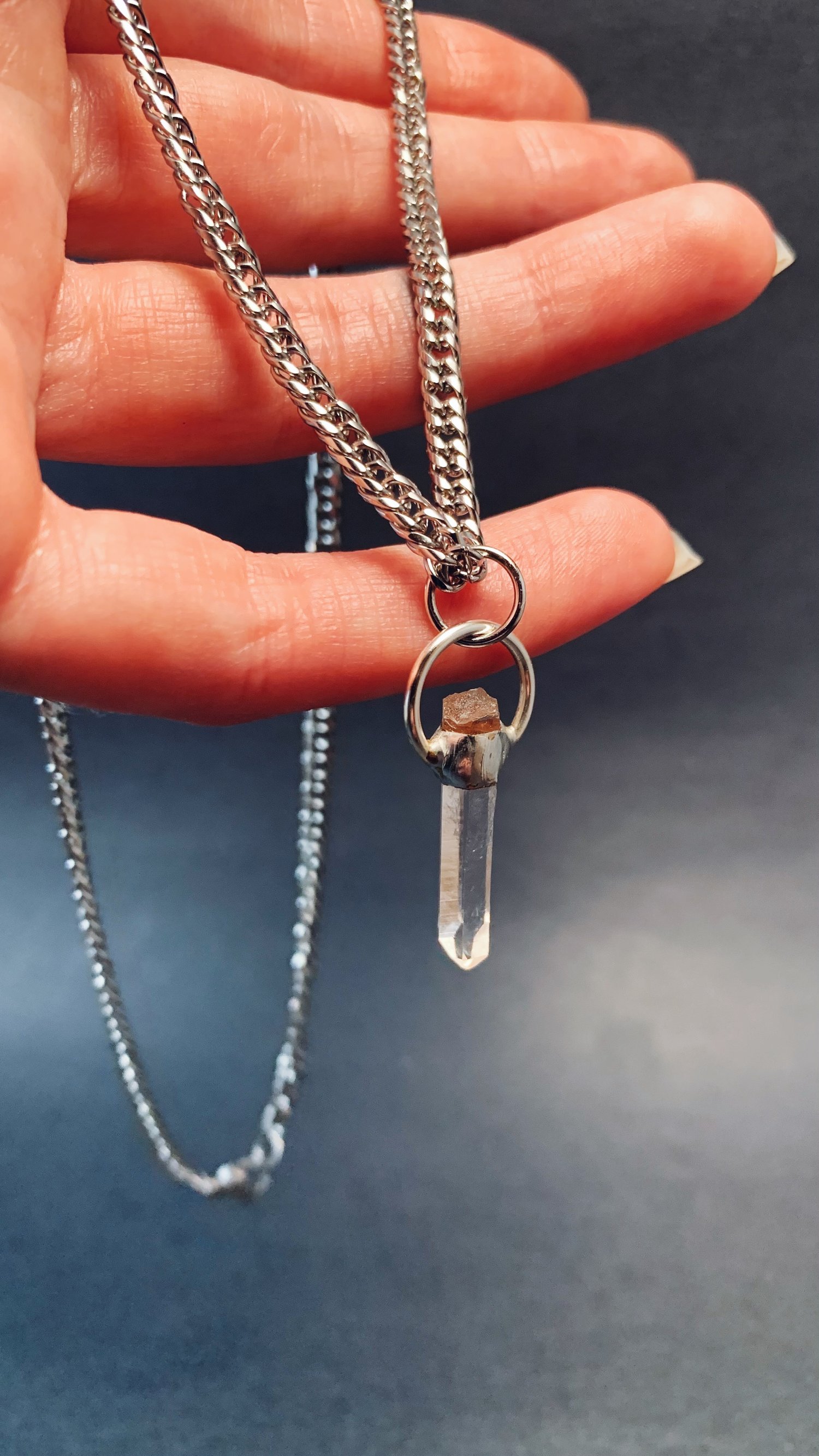 Image of Columbian Clear Quartz Flat Silver Chain Necklace