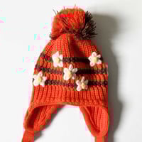 Image 2 of Bonnet laine orange fleurs 12/18 mois stock neuf années 70
