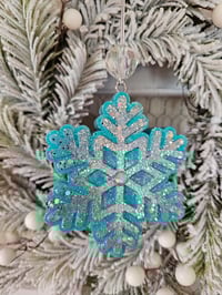 Image 1 of Turquoise /holographic silver snowflake freshie/ornament scented in christmas tree