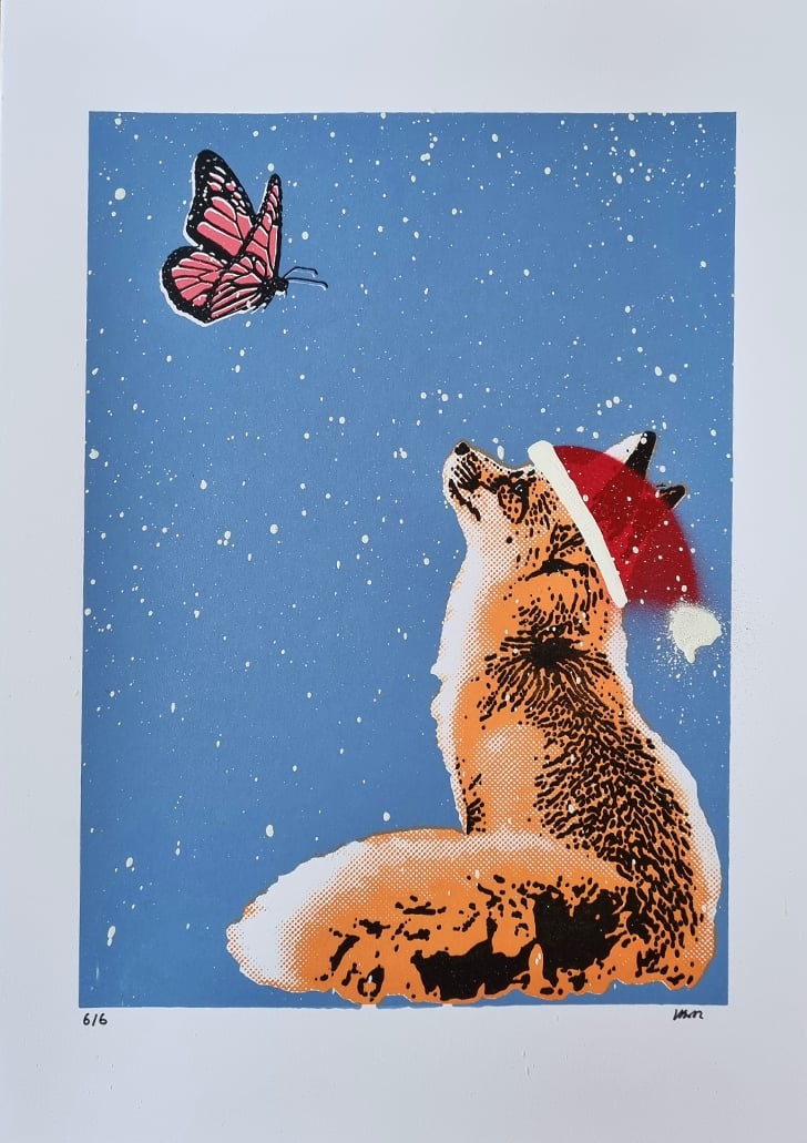 Image of  Christmas Fox and Butterfly Screen Print A4