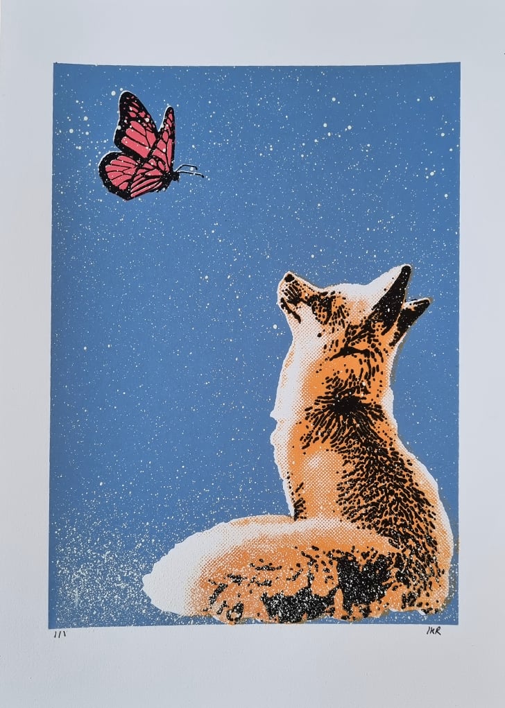 Image of Snowy Fox and Butterfly Screen Print A4