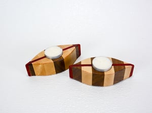Image of Set of Tea Light Wooden Candle Holders with tea lights, Walnut, Maple and Padauk Wood Home Decor