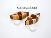 Image 5 of Set of Tea Light Wooden Candle Holders with tea lights, Walnut, Maple and Padauk Wood Home Decor