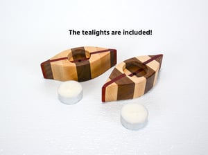 Image of Set of Tea Light Wooden Candle Holders with tea lights, Walnut, Maple and Padauk Wood Home Decor