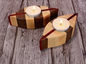 Image of Set of Tea Light Wooden Candle Holders with tea lights, Walnut, Maple and Padauk Wood Home Decor