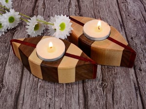 Image of Set of Tea Light Wooden Candle Holders with tea lights, Walnut, Maple and Padauk Wood Home Decor