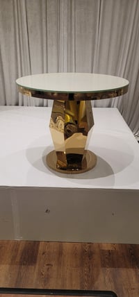 Image 2 of Gold stainless steel wedding cake stand glass top