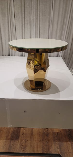 Image of Gold stainless steel wedding cake stand glass top
