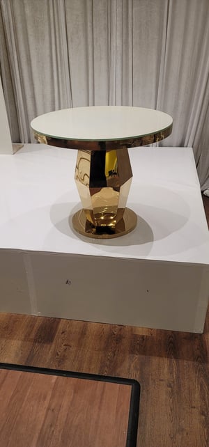 Image of Gold stainless steel wedding cake stand glass top