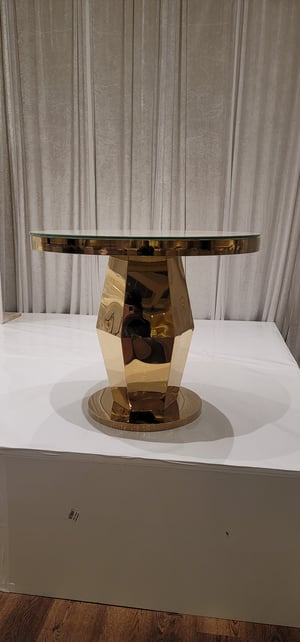 Image of Gold stainless steel wedding cake stand glass top