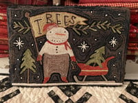 Image 1 of Bringing Home The Tree Primitive Punch Needle Decorative Folk Art Mat/Mini Rug~~