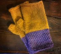 Image 1 of Purple & Yellow hand knit ladies alpaca fingerless gloves 