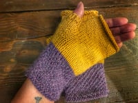 Image 2 of Purple & Yellow hand knit ladies alpaca fingerless gloves 