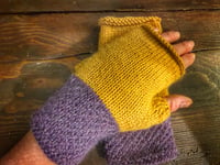 Image 4 of Purple & Yellow hand knit ladies alpaca fingerless gloves 