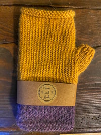 Image 5 of Purple & Yellow hand knit ladies alpaca fingerless gloves 