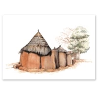 Image 1 of Original painting - "Sous le baobab" - Tata Somba Betammaribe - Bénin - 30,5x50,5 cm