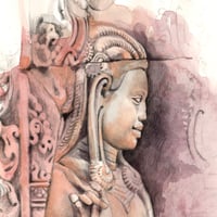 Image 2 of Original painting - "Détails de bas-reliefs de temples et Devata en grès" - Cambodge - 21x29,6 cm