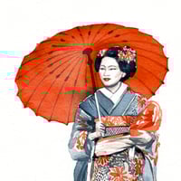 Image 2 of Original Painting - "Geisha à l'ombrelle rouge" - Japon - 26 x 36 cm