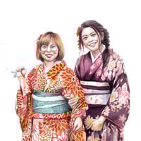 Image 2 of Original painting - "Duo de Japonaises en kimono pour la sortie au Temple" - Japon - 25x34,5 cm