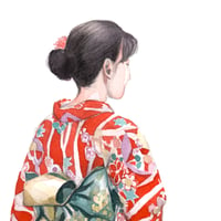 Image 2 of Original painting - "En kimono rouge" - Japon - 25x34,5 cm