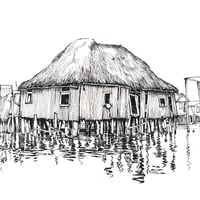 Image 2 of Original drawing - "Cabanes de pêcheurs au village lacustre de Ganvié" - Bénin - 29,6x41 cm