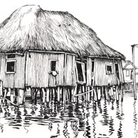 Image 3 of Original drawing - "Cabanes de pêcheurs au village lacustre de Ganvié" - Bénin - 29,6x41 cm