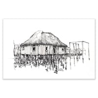 Image 1 of Original drawing - "Cabanes de pêcheurs au village lacustre de Ganvié" - Bénin - 29,6x41 cm