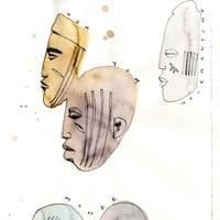 Image 2 of Original painting - "Masques du Nord Bénin : diversité des scarifications faciales 2" - 29,6x42cm