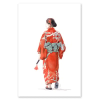 Image 1 of Original painting - "Kimono rouge et obi vert" - Japon - 25x34,5 cm