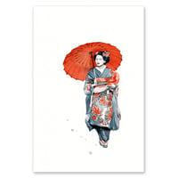 Image 1 of Original Painting - "Geisha à l'ombrelle rouge" - Japon - 26 x 36 cm