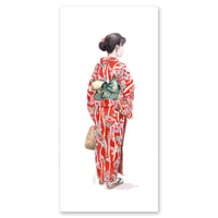 Image 1 of Original painting - "En kimono rouge" - Japon - 25x34,5 cm