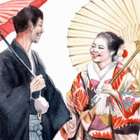 Image 2 of Original painting - "Couple de jeunes mariés aux ombrelles" - Japon - 25x34,5 cm