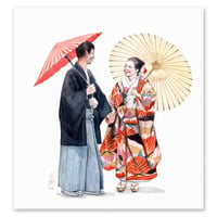 Image 1 of Original painting - "Couple de jeunes mariés aux ombrelles" - Japon - 25x34,5 cm