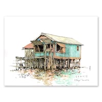 Image 1 of Aquarelle originale - "Cabanes de pêcheurs au village lacustre de Ganvié" - Bénin - 30,5x40,5 cm