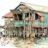 Image 2 of Aquarelle originale - "Cabanes de pêcheurs au village lacustre de Ganvié" - Bénin - 30,5x40,5 cm