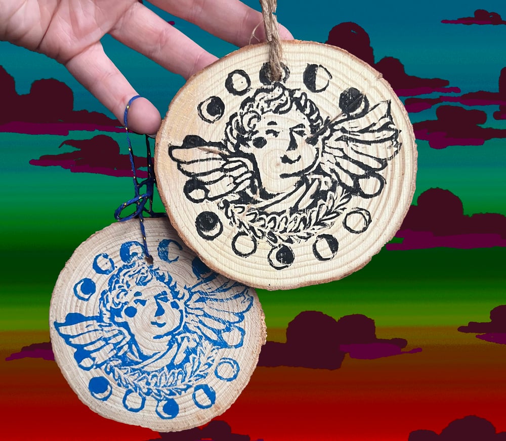 Image of Ready to Ship Moon Angel- Handprinted Wooden Ornament  