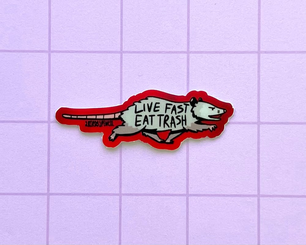 Image of Live fast eat trash possum mini vinyl sticker