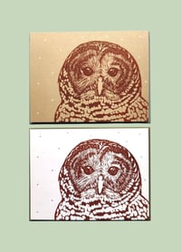 Image 1 of Holiday Barred Owl Linocut Card