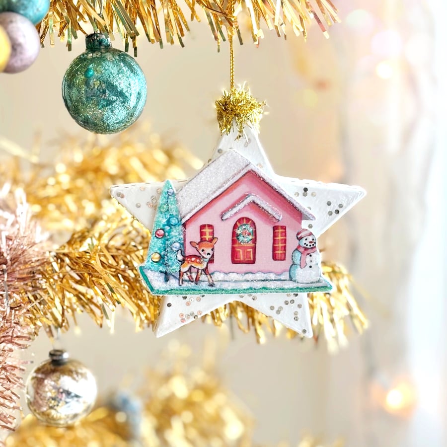 Image of Pink Putz House glitter star ornament 