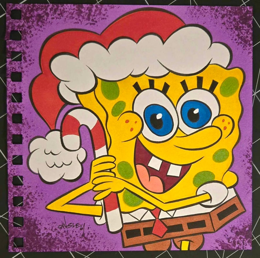 Image of SANTA SPONGEBOB SQUAREPANTS 6x6 SKETCHBOOK ORIGINAL ARTWORK! MERRY CHRISTMAS!