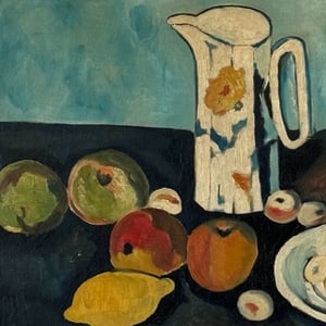 Image of Mid-century, French Still Life,  Apples and Jug.