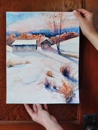 Image 1 of Winter Sky and Farm -Original Watercolor Painting 