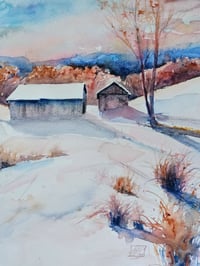 Image 2 of Winter Sky and Farm -Original Watercolor Painting 