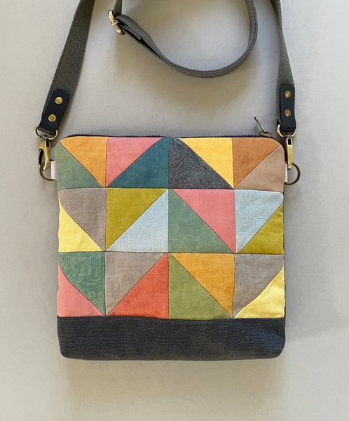 Image of Patchwork 1, shoulder bag with plant-dyed panels and crossbody strap