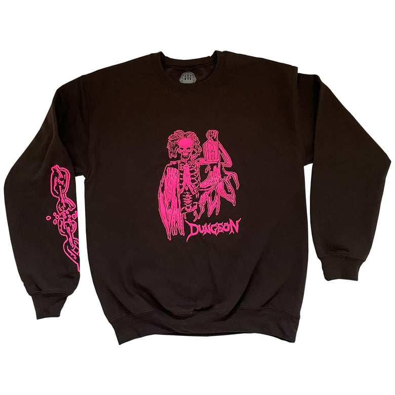 Image of 'LIGHTS OUT' - CREW SWEATSHIRT - CHOCOLATE / NEON PINK 